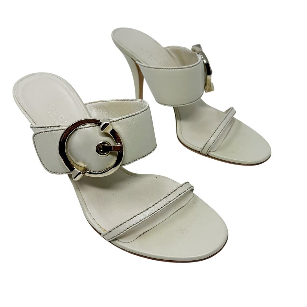 Gucci Vintage Cream Leather Oversized G Buckle Sandal Mules EU 37 US 7 Box⁠